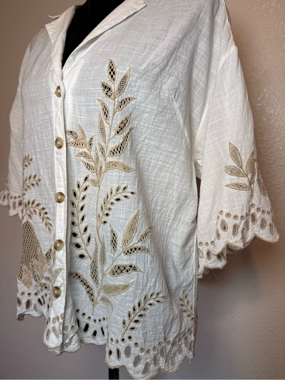 Anthropologie Embroidered Eyelet Detailed Short Sleeve Button Top White Medium - Picture 5 of 15